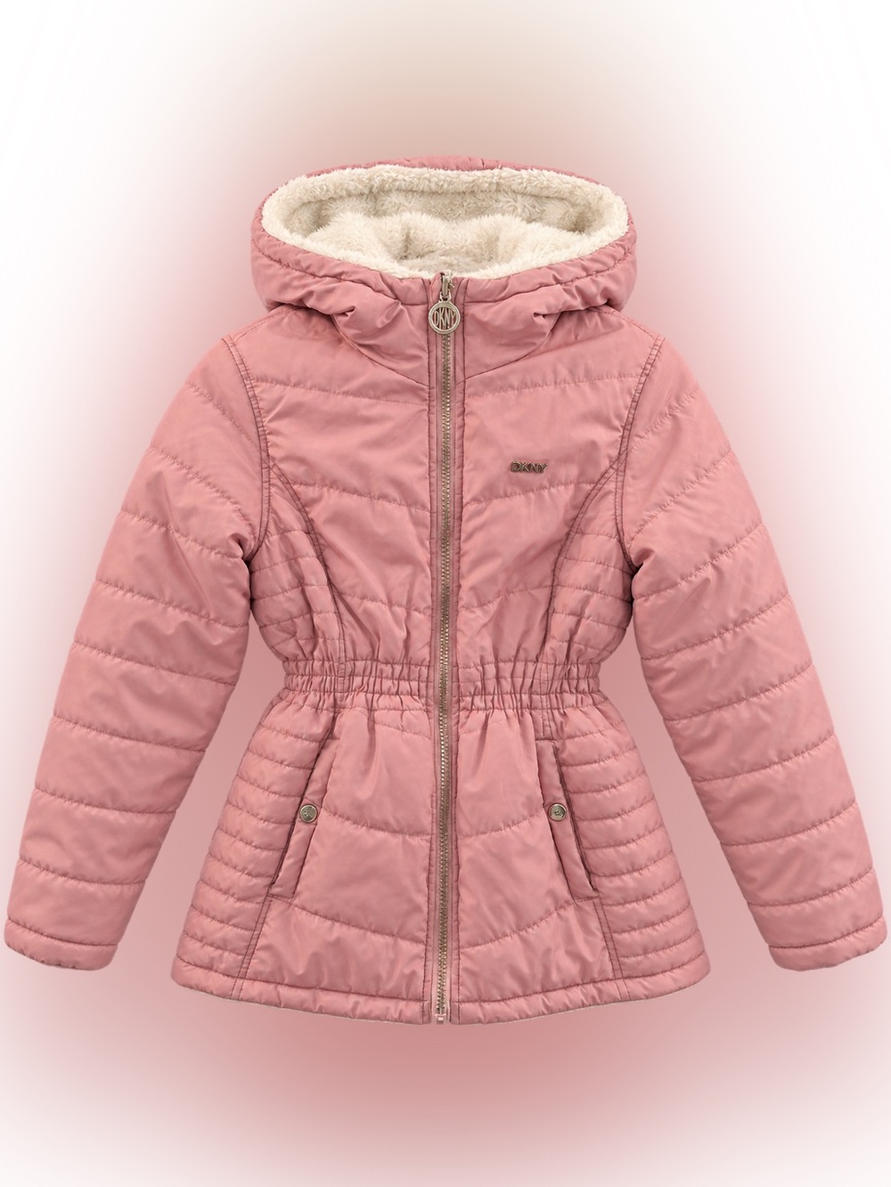 DKNY Girls 10/12 Reversible Pink Puffer Ivory Faux Fur Hooded Jacket - Picture 3 of 8